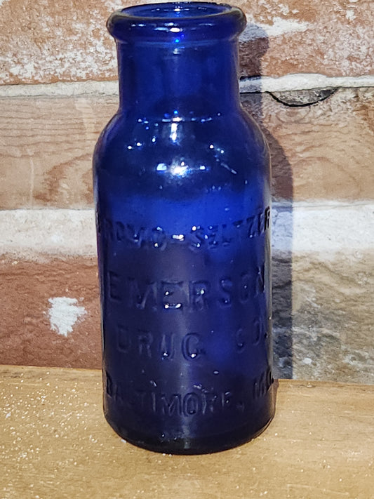 Vintage Medicine Bottle Bromo Seltzer Cobalt Blue Glass Emerson Drug Co Baltimore MD 4" vmb7