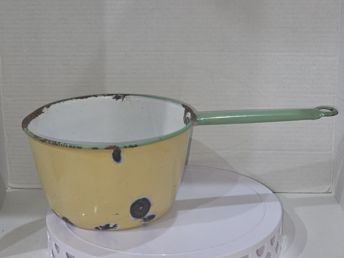 Vintage Enamelware Sauce Pan Cream Green Trim White Inside en90