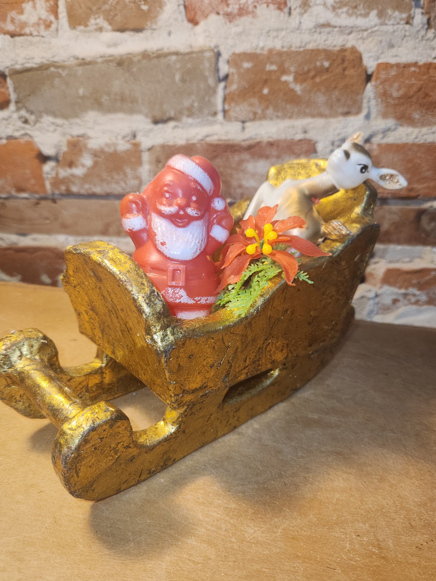 Assemblage with Vintage Hong Kong Reindeer Gold Paper Mache Sleigh Santa as7