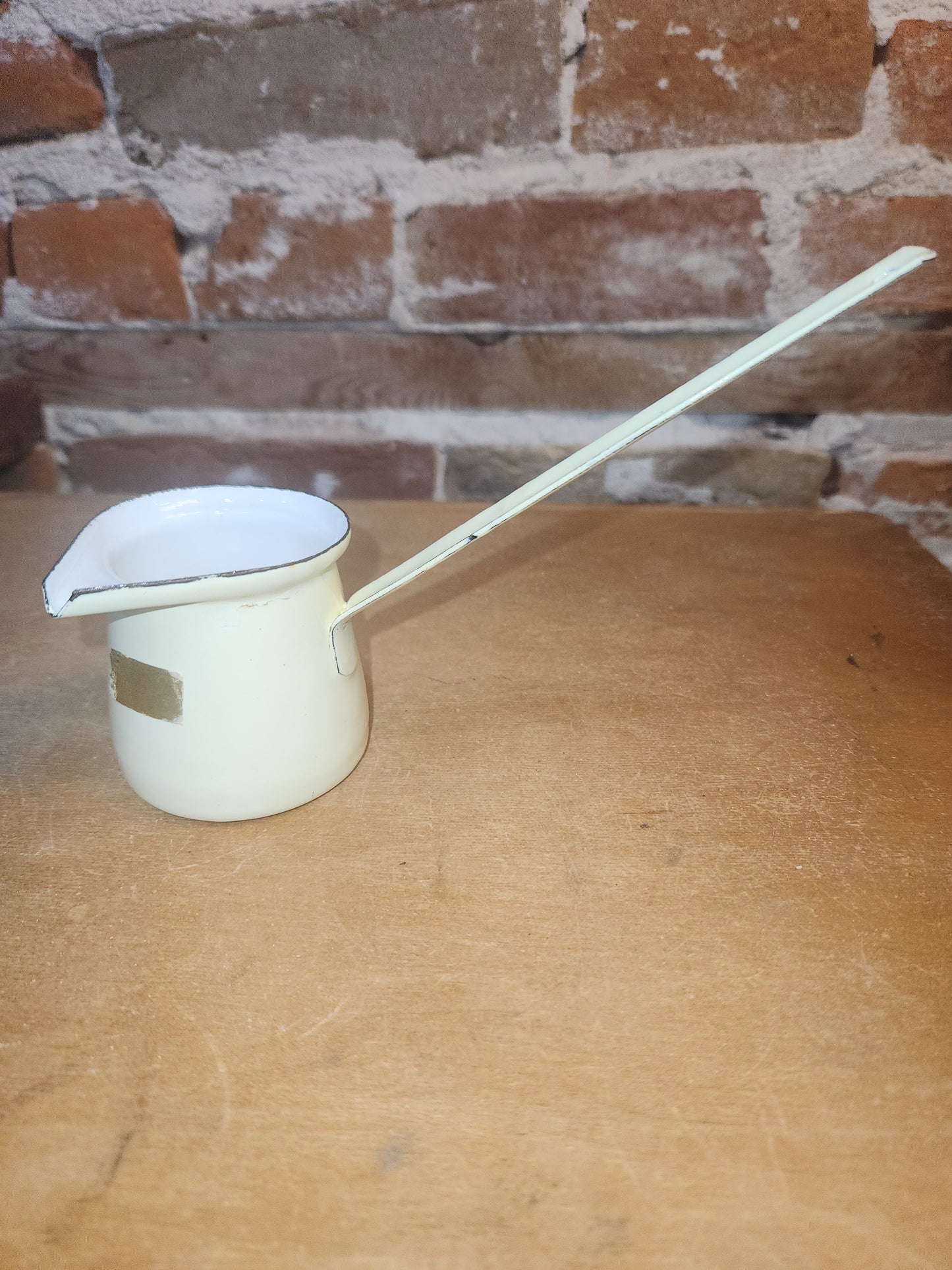 Vintage Enamelware Butter Melters Turkish Coffee Light Yellow Outside White Inside AS IS en09