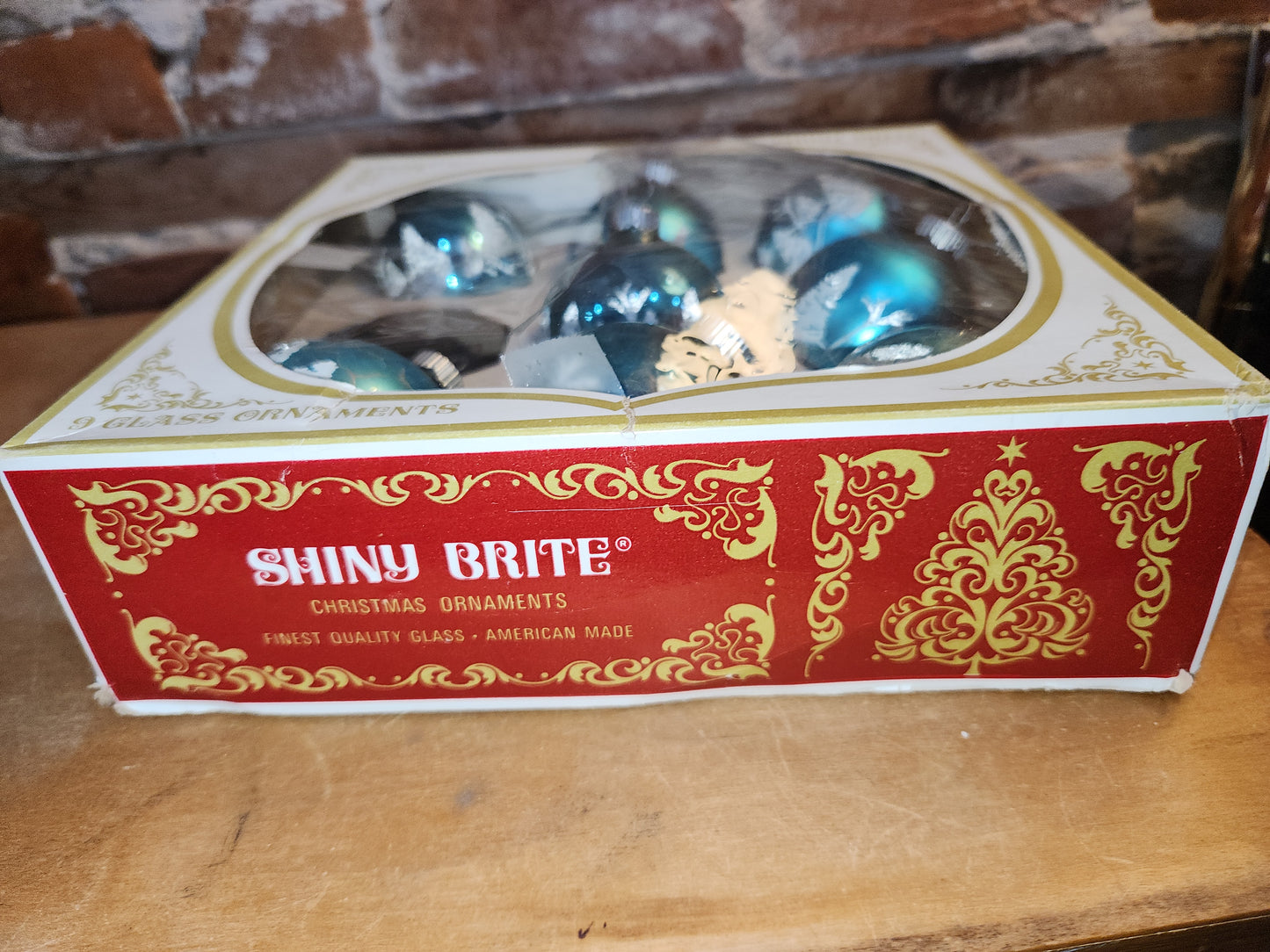 Vintage Shiny Brite 2" Turqoise Ornaments with Venetian dew and Box. Incomplete set. 8 Ornaments AS IS bo86