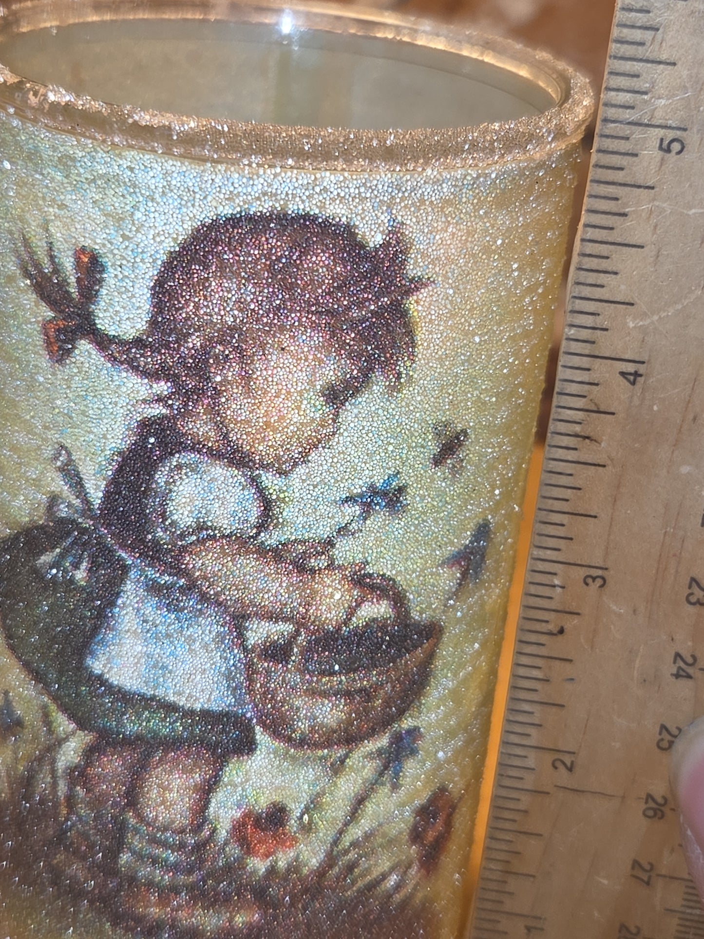 Vintage Sugar Frosted Pillar Glass Candle Hummel Girl with Basket Evans AS IS