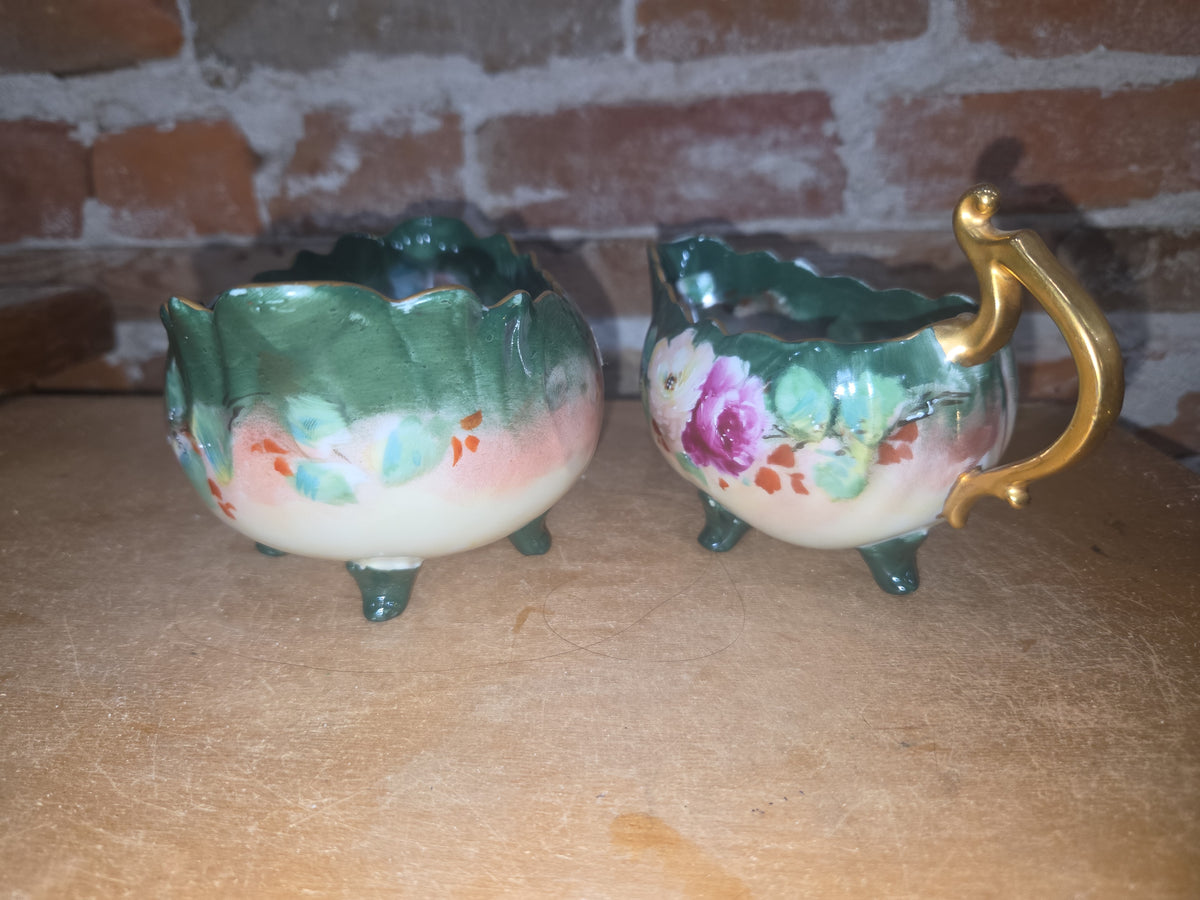 Vintage Porcelain Handpainted Footed Bowl and Footed Creamer sbc1