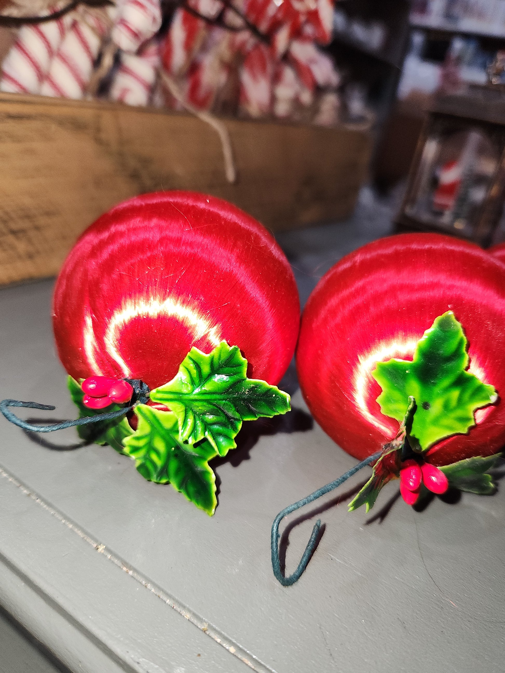 Vintage Red Satin Spun Silk Christmas Ornament 2" Ball With Green Holly Leaf and Green Metal Hanger