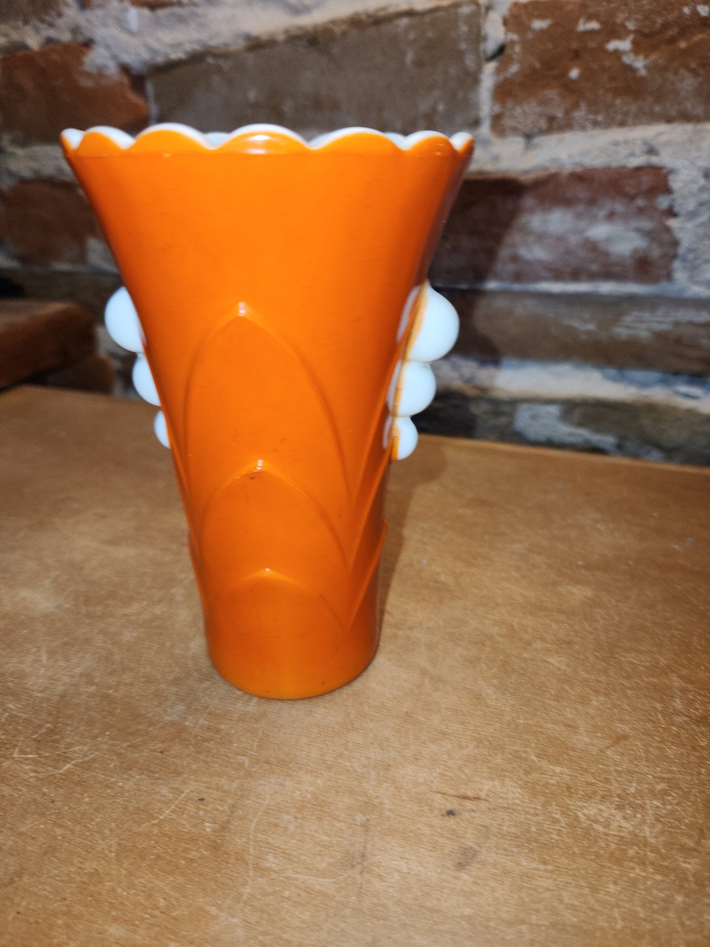 Vintage Vitrock Uranium Glass Vase orange and White Scalloped Edges Beaded Handles Art Deco Vase GLOWS GREEN