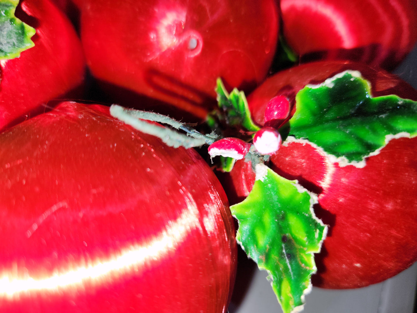 Vintage Red Satin Spun Silk Christmas Ornament 2" Ball With Green Holly Leaf and Green Metal Hanger