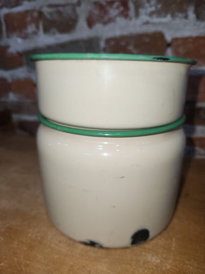 Vintage Enamelware Double Boiler Pot Cream With Green AS IS no lid ew87