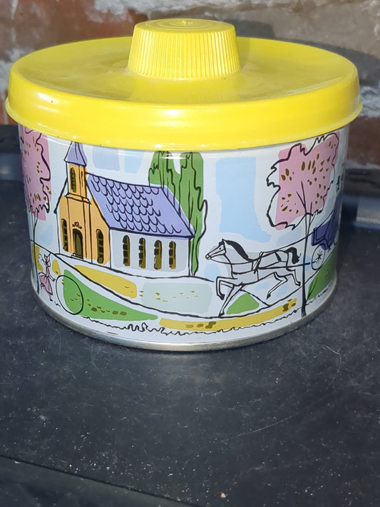 1958 vintage Tin Mrs. Leland's Old Fashioned Golden Butter Bits Horse and Carriage house girl & hoop tin347