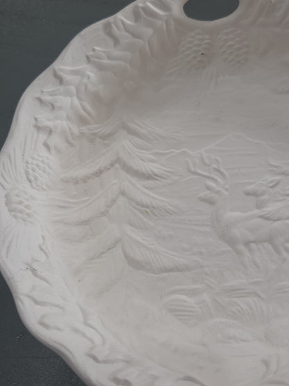 Unpainted Ceramic Serving Bowl Ready to Paint Deer in Forest 9"