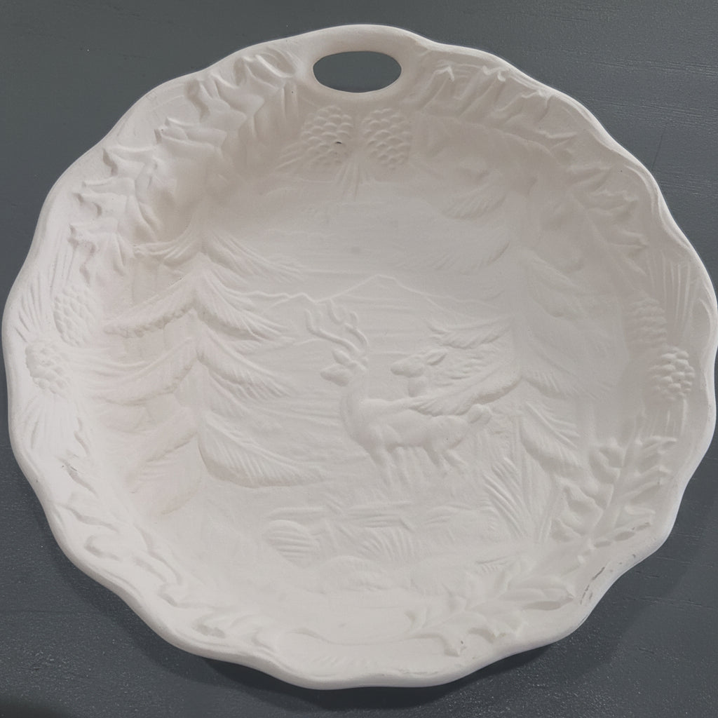 Unpainted Ceramic Serving Bowl Ready to Paint Deer in Forest 9"