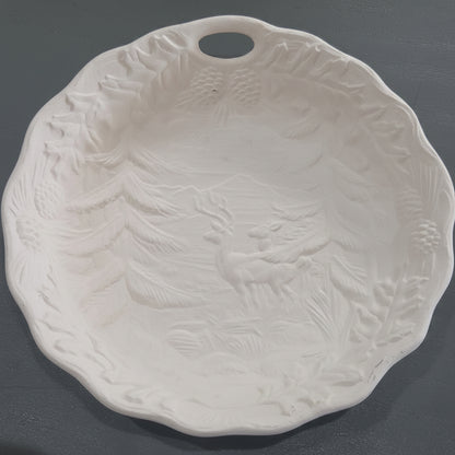 Unpainted Ceramic Serving Bowl Ready to Paint Deer in Forest 9"