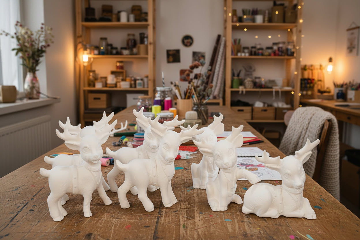 Unpainted Ceramic Softy Reindeer DIY Ready to Paint Set of Seven 4" to 5" tall