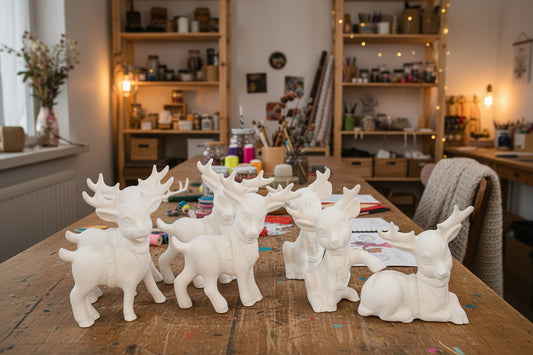 Unpainted Ceramic Softy Reindeer DIY Ready to Paint Set of Seven 4" to 5" tall