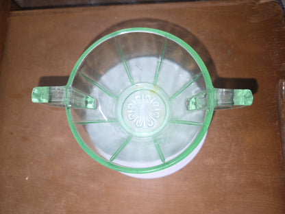 Vintage Uranium Green Depression Glass Sugar Bowl Vaseline AS IS Crack Glows dg78