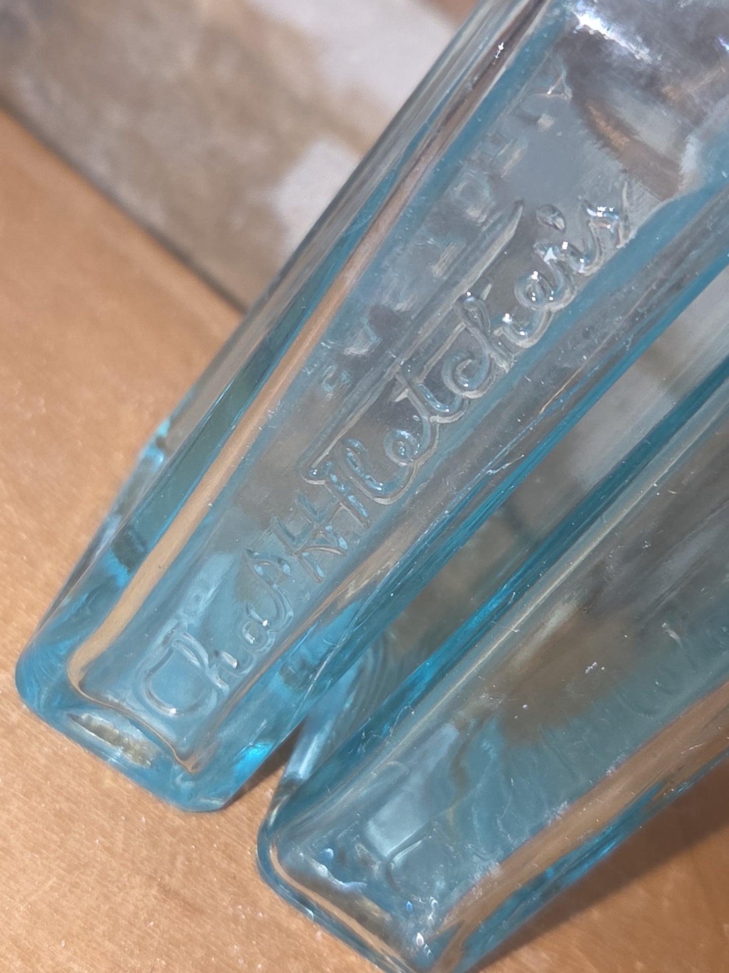 Vintage Medicine Bottles Cha H Fletcher Castoria Faint Blue Glass Set of 2 vmb43