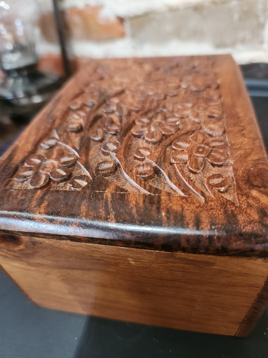 Vintage Hand Craved Wooden Box Lid Opening on Bottom Floral Design box45