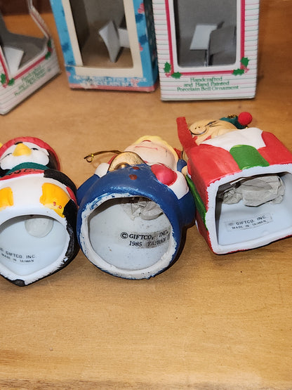 Vintage 3 Giftco Holly Bells and 1 BOA Ring-a-Lings Porcelain Bell Ornaments Set of 4