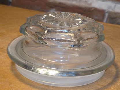 Vintage Clear Glass Square Canister with Sunburst Lid 6 1/4" square sj3