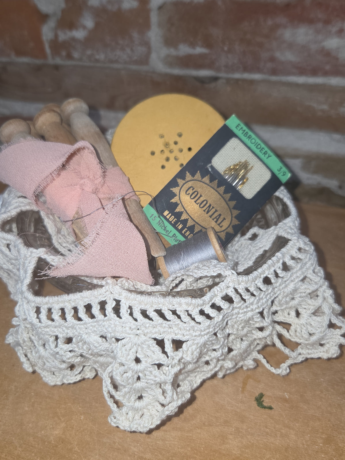 Vintage Vignette Sewing Needles, Thread, Clothes Pins, Doily, Cut Glass Bowl with Feet vi7