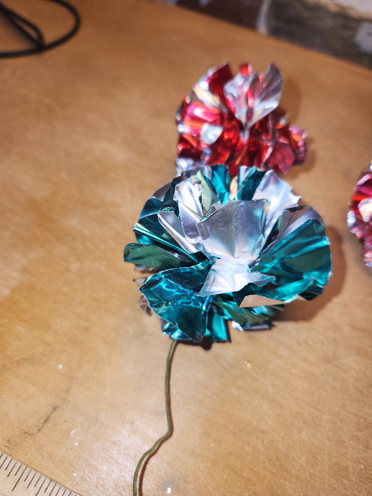 Vintage Crinkle Ball Ornaments or Picks Set of 3 Pinkish Red and Green vo21