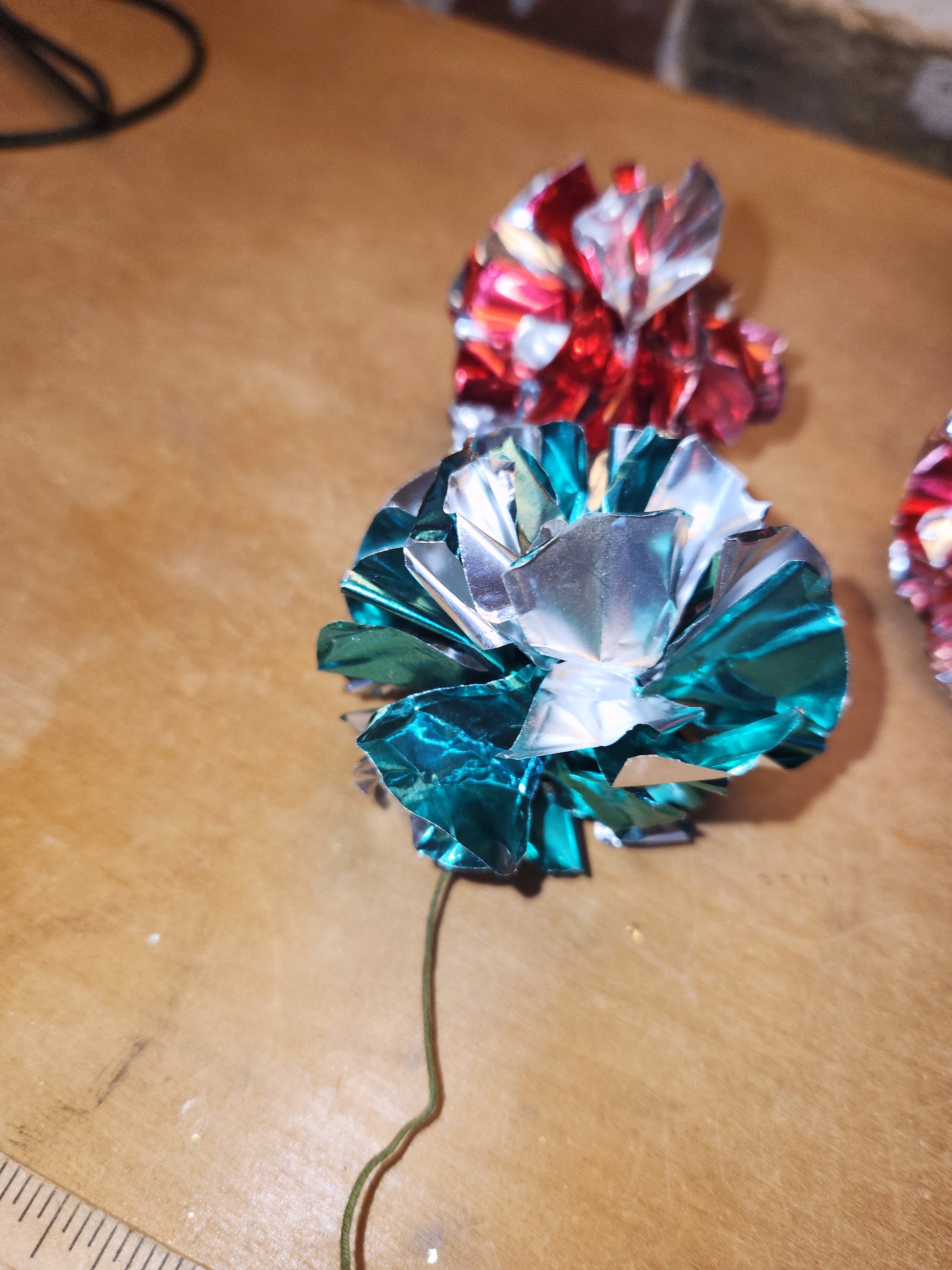 Vintage Crinkle Ball Ornaments or Picks Set of 3 Pinkish Red and Green vo21