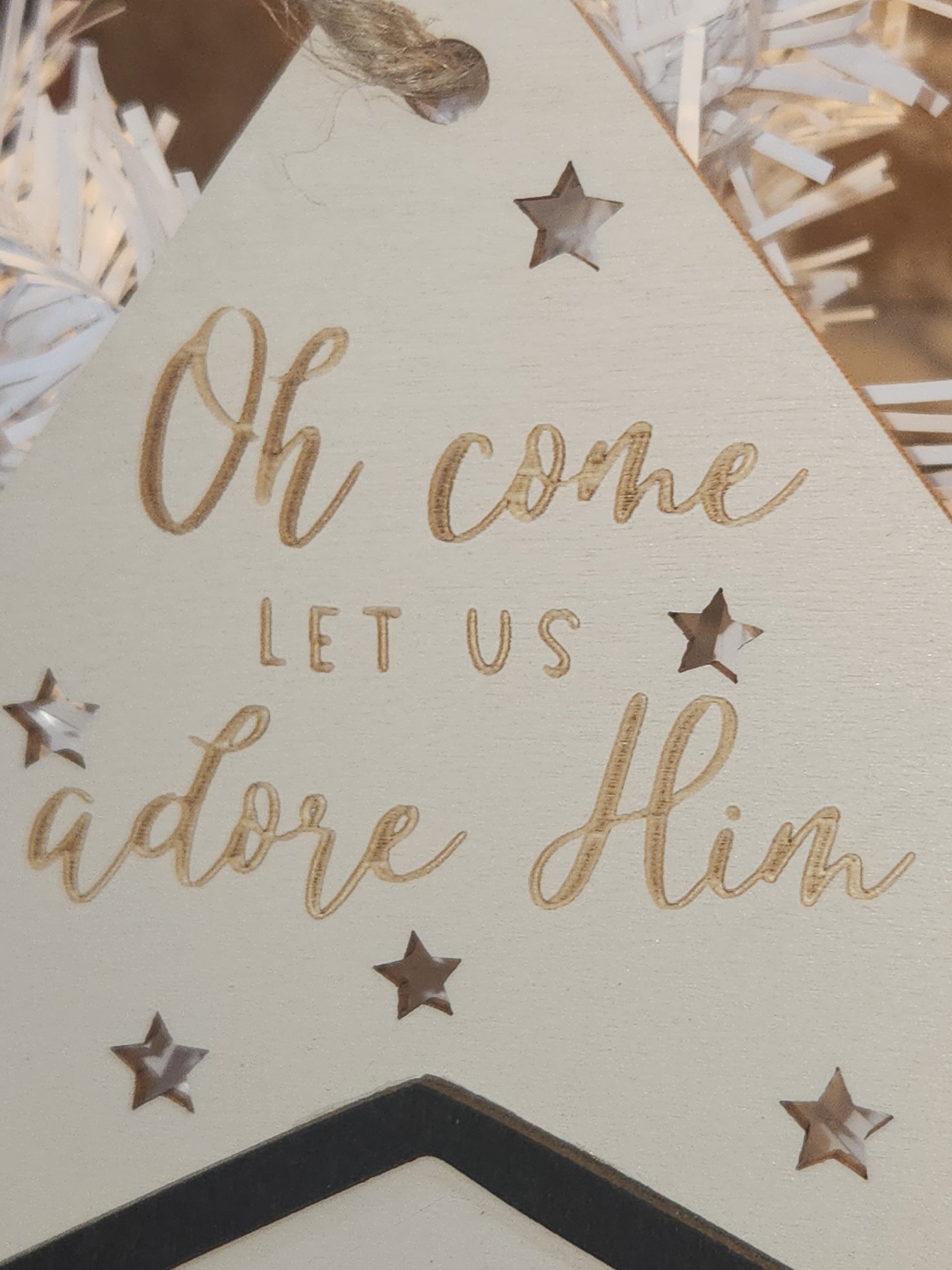 Let Us Adore Him Wooden Tag Christmas Ornament CLEARANCE co9
