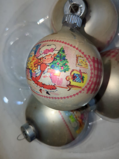 Vintage Coby Polly Pal Glass Christmas Ornaments set of three matching 3" and one 2 1/4" USA Made