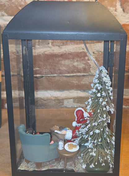 Assemblage in Lantern with Lighted Tree and Hallmark Ornament Set Santa's Big Night 2002 Membership Ornaments Set of 4 as7