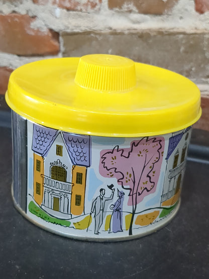 1958 vintage Tin Mrs. Leland's Old Fashioned Golden Butter Bits Horse and Carriage house girl & hoop tin347