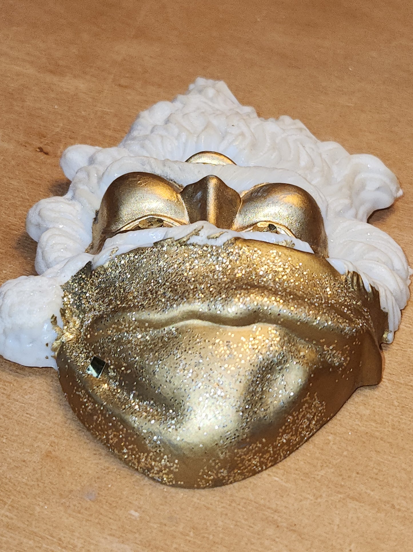 Vintage Gold Glitter Molded Plastic Santa Head Ornament Light Illumination sa11