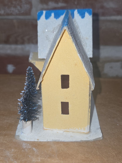 Vintage Putz Multiple Roofline House with Tree Made in Japan Yellow Read Description ptz2