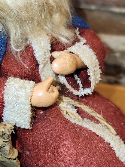 Vintage Bethany Lowe Santa Claus Wearing Wool in a Woven Sleigh With Toys AS IS s90
