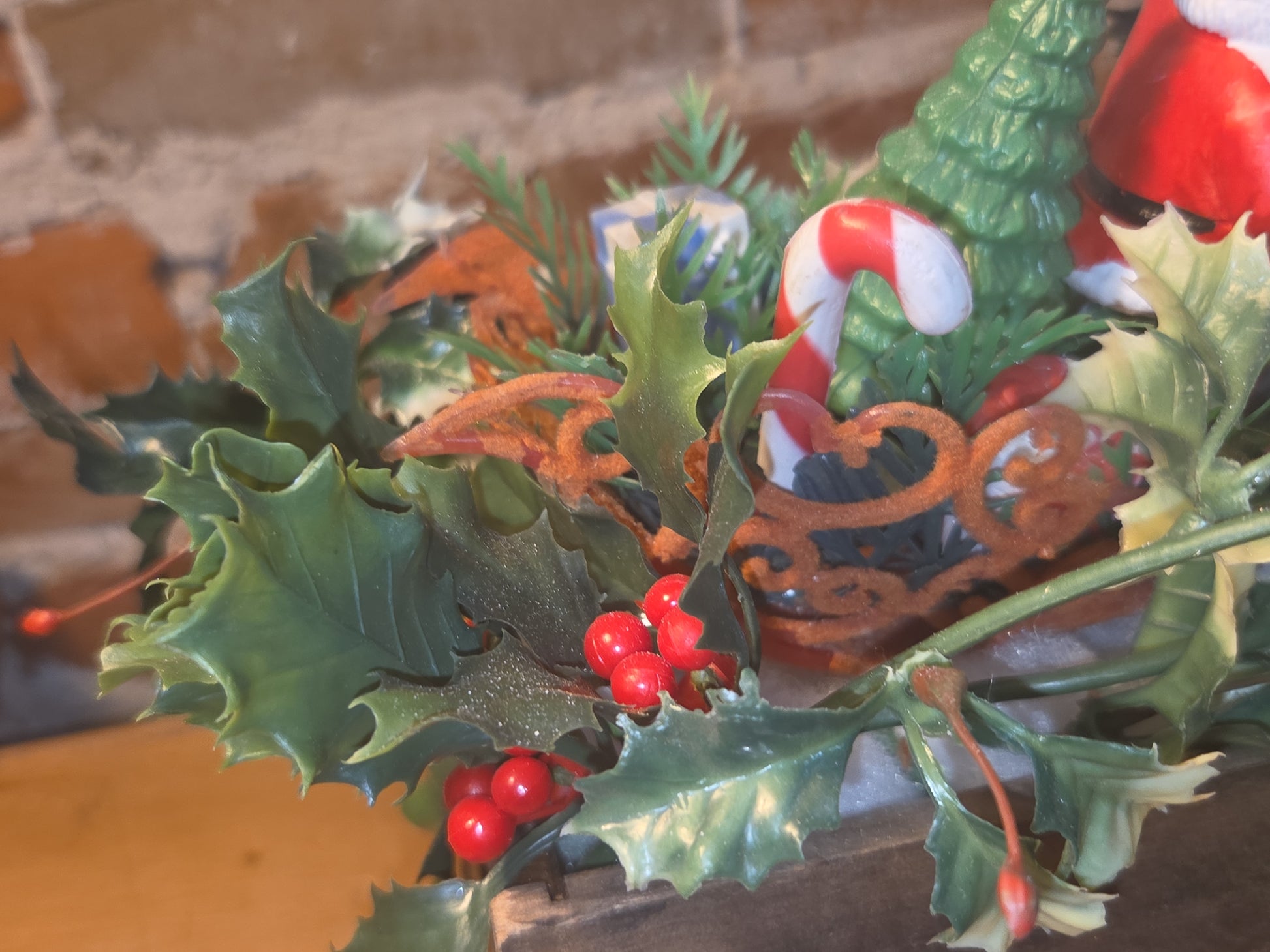 Assemblage With Vintage Blow Mold Santa and Reindeer Flocked Sleigh va98