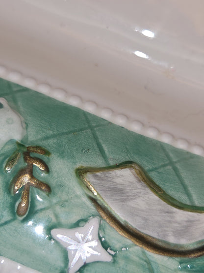 Vintage Claire Burke 2001 Holiday Collection Ceramic Pedestal AND Embossed Candy Dish Green with Bows vcd1