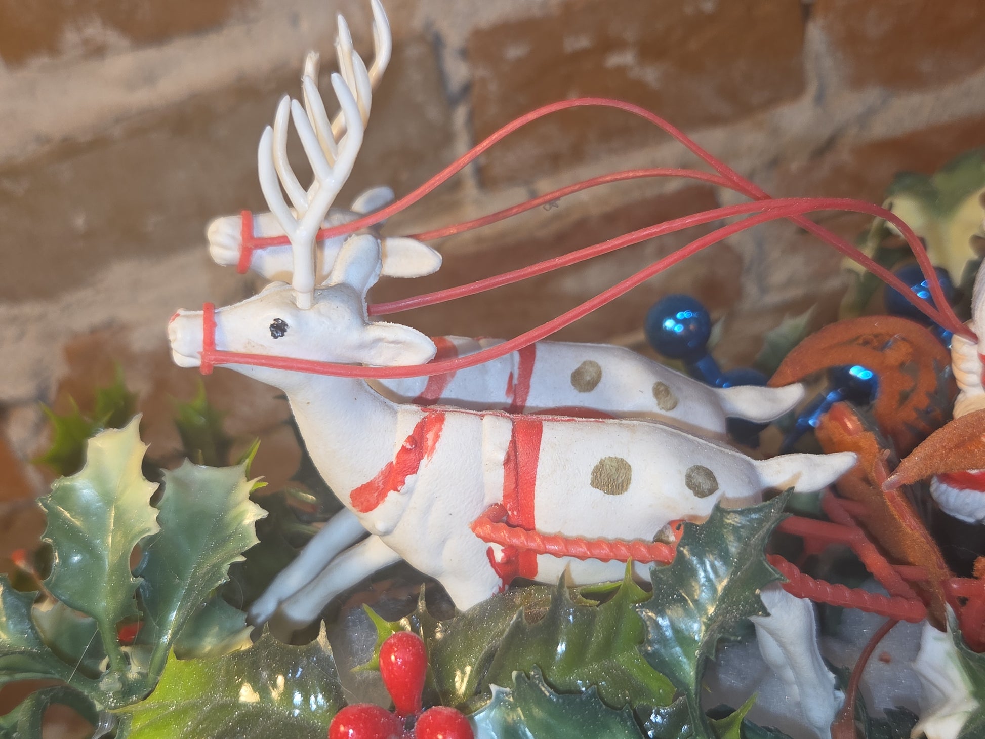Assemblage With Vintage Blow Mold Santa and Reindeer Flocked Sleigh va98