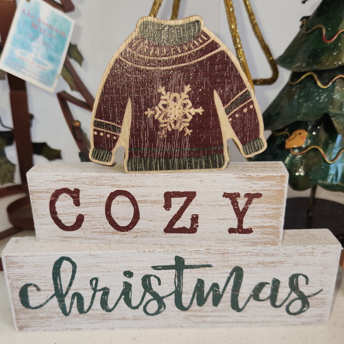Cozy Christmas Sign Set of 3 with a Christmas Sweater.