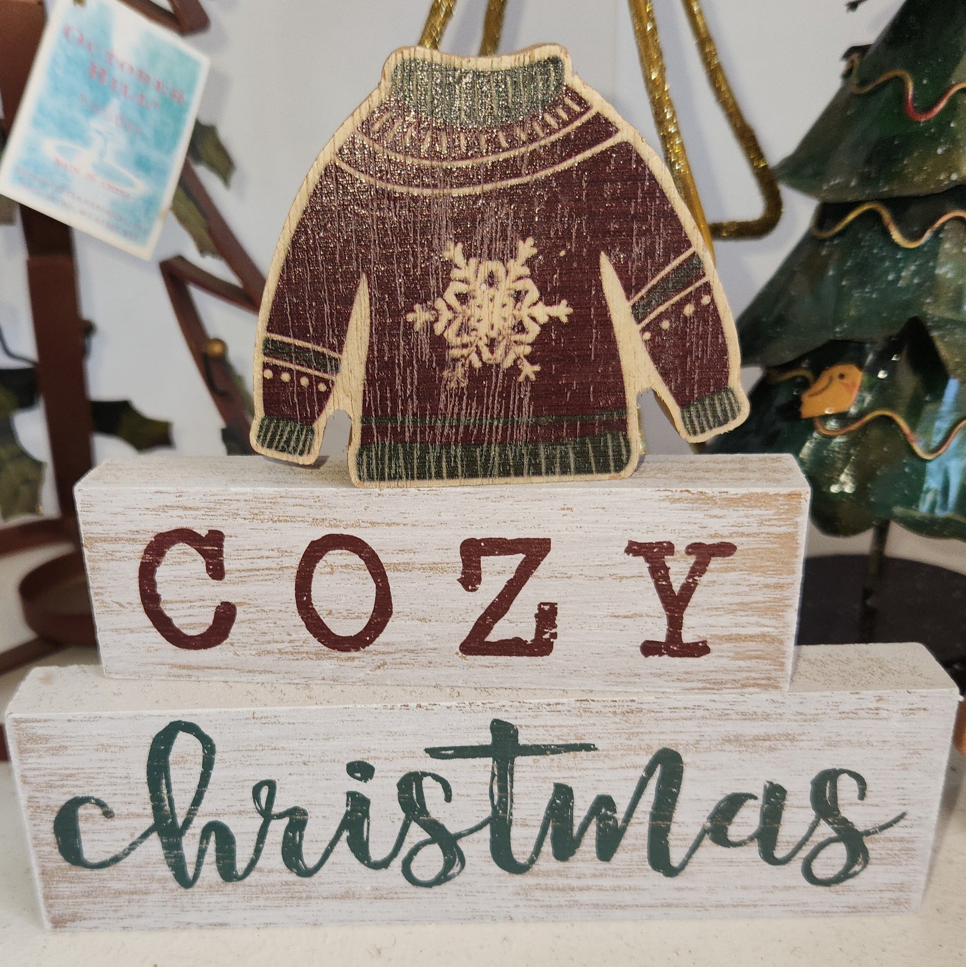 Cozy Christmas Sign Set of 3 with a Christmas Sweater.