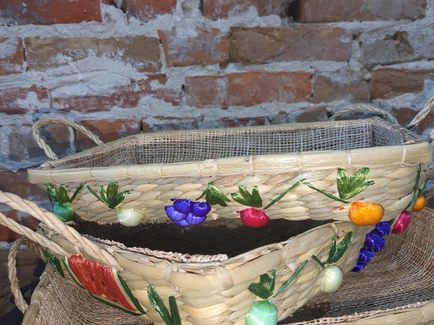 3 Vintage Boho Nesting Raffia Wicker Straw Lined Casserole Baskets, Tray Set 1970s or 1980s