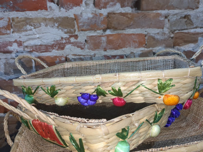 3 Vintage Boho Nesting Raffia Wicker Straw Lined Casserole Baskets, Tray Set 1970s or 1980s