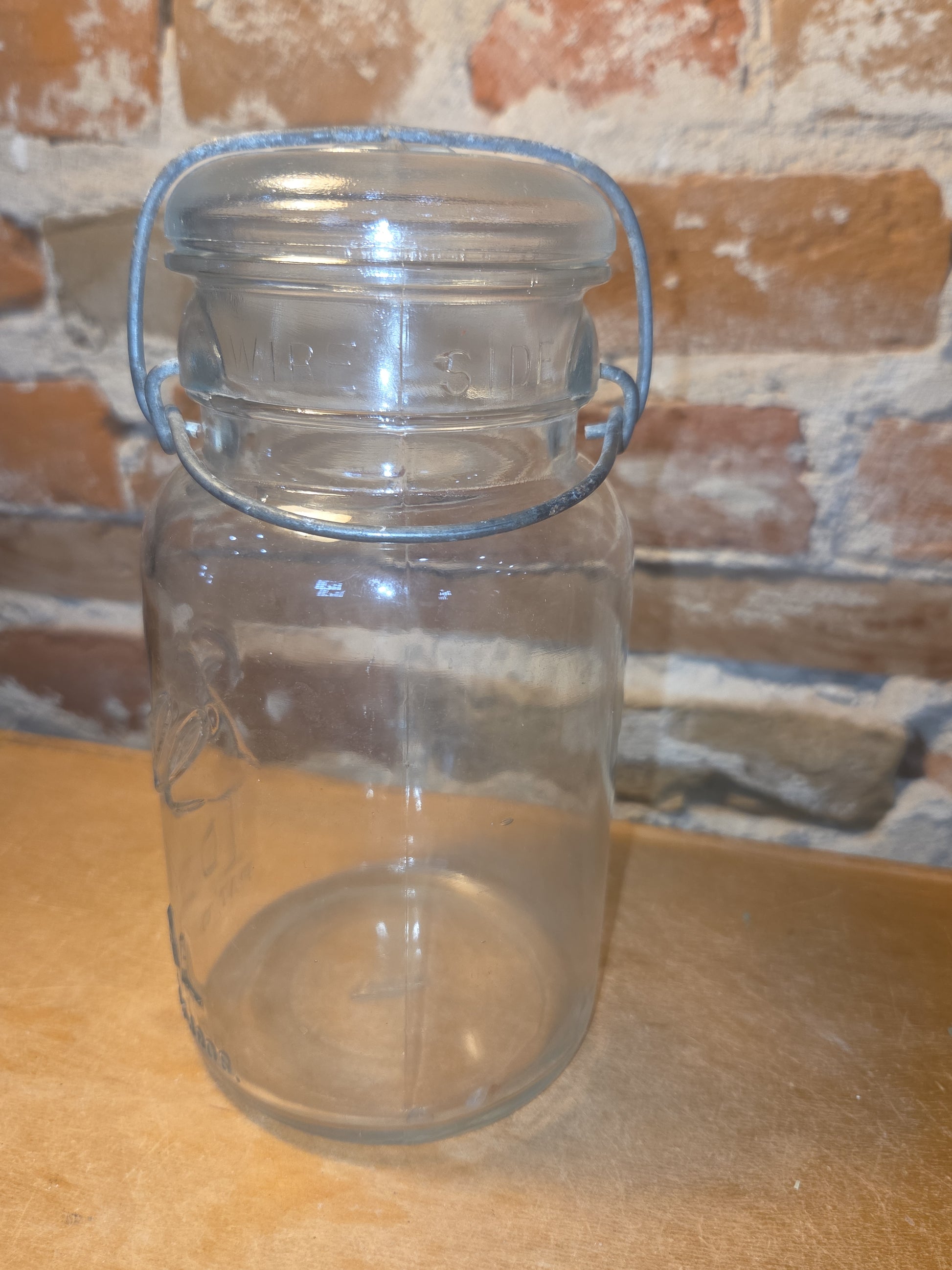 Vintage Ball Quart Jar Ideal Pat'd July 14, 1908 Clear Glass with Wire Bail and Glass Lid jar076