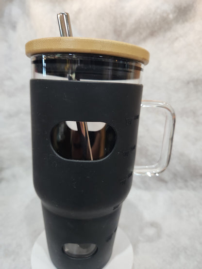 32 oz glass tumbler with handle and removeable black silicone sleeve CLEARANCE! Tg8
