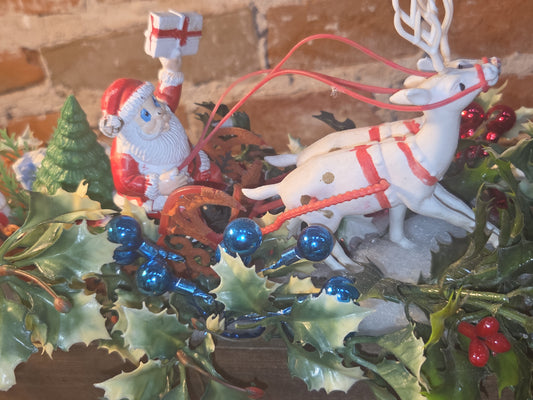 Assemblage With Vintage Blow Mold Santa and Reindeer Flocked Sleigh va98