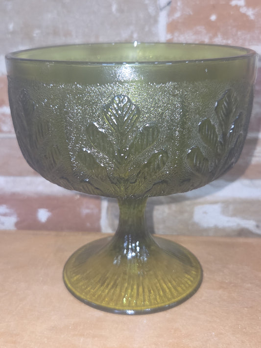 Vintage Vase FTD 1978 Green Glass Goblet Vase with Pedestal Floral Arranging Leaf Pattern Pl78