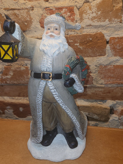 Santa Figurine Grey Coat and Stocking Hat Lantern Wreath sf11