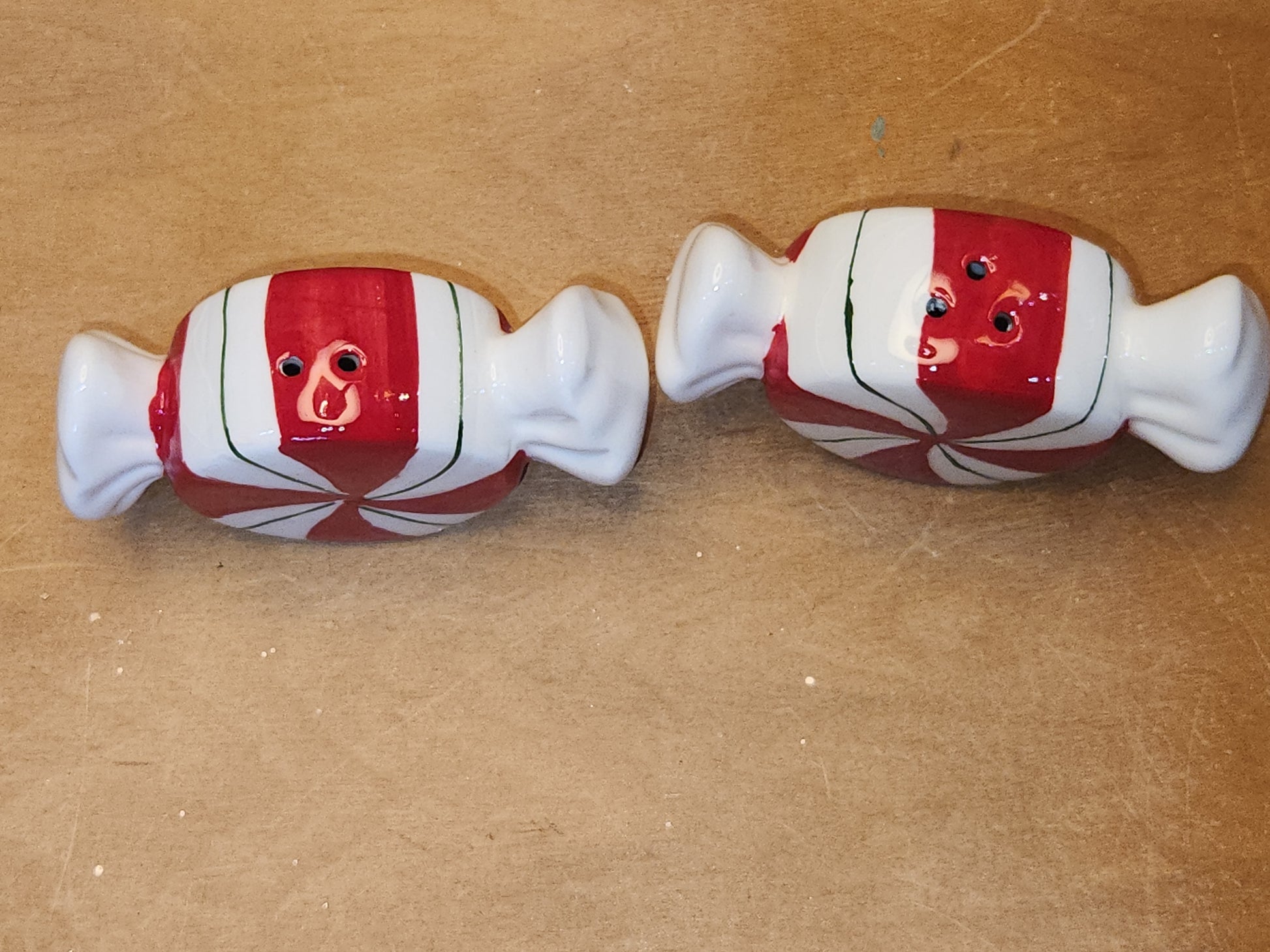 Salt and Pepper Shakers Mint Candies AS IS Messy Paint Job sp17