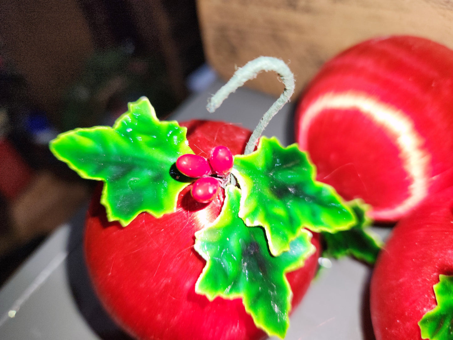 Vintage Red Satin Spun Silk Christmas Ornament 2" Ball With Green Holly Leaf and Green Metal Hanger