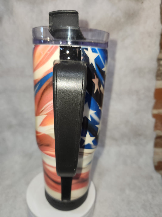 30 oz tumbler with black rechargeable speaker Flag tfg1