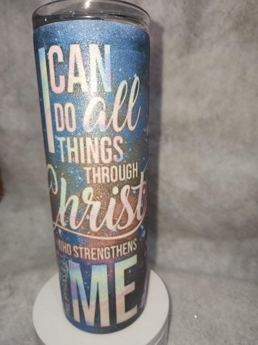 20 Oz Stainless Steel, Insulated, glitter Tumbler.  I can do all things through him tg91