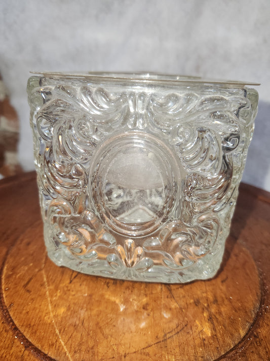 Avon Pressed Glass Triangle Shaped Clear Swirl candle holder vase Collectible av919