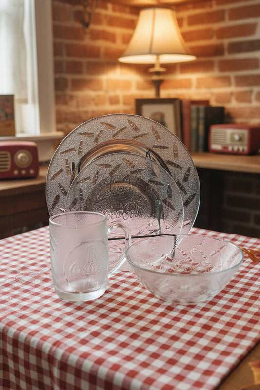 Vintage Frosted Embossed Coca-Cola Tableware Set for 4 Plates, Bowls, Mugs Discontinued ccset